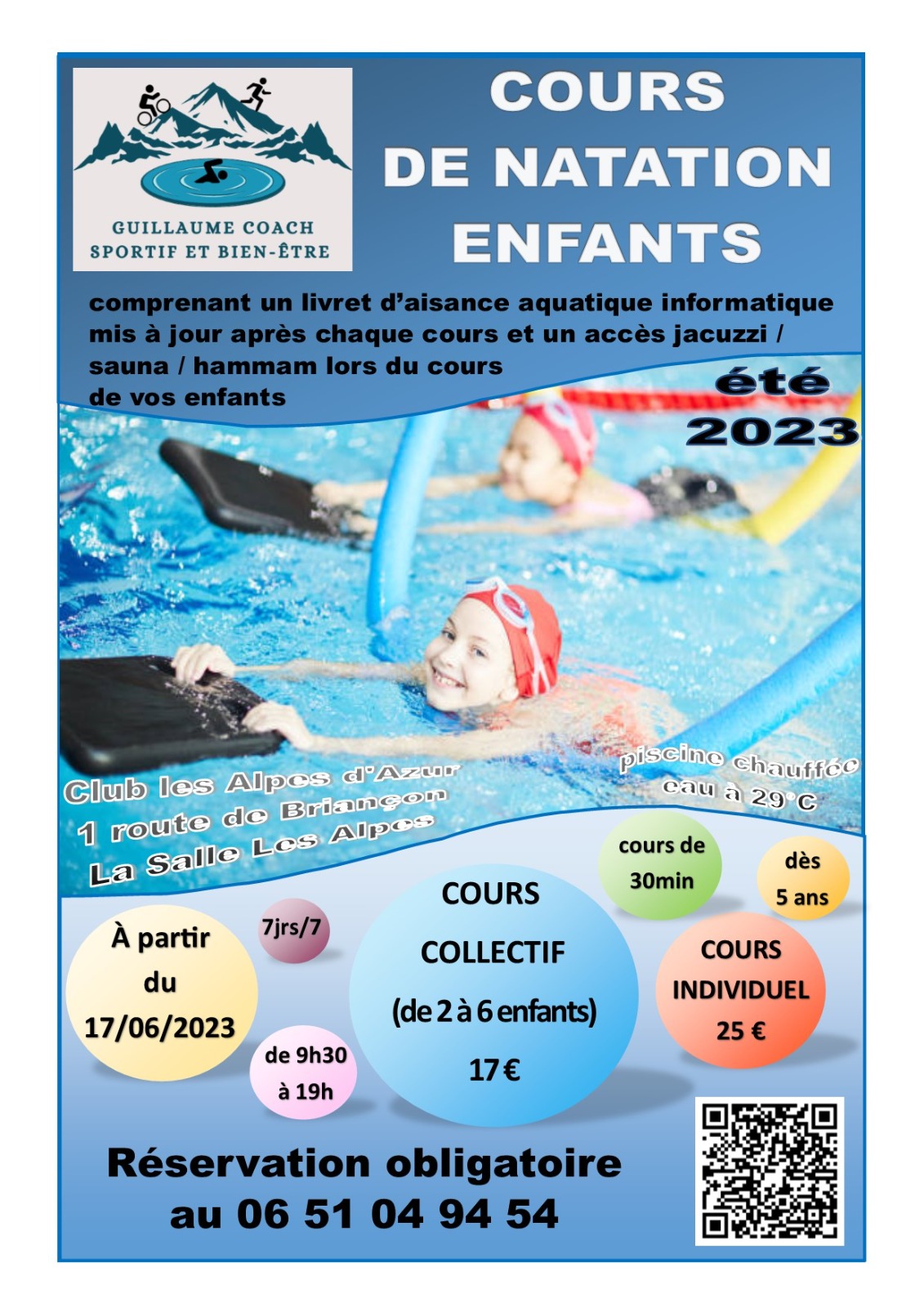 Affiche proposant des cours de natation pour enfant avec informations et horaires des cours
