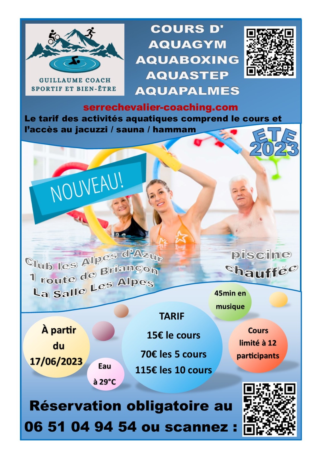 Affiche proposant des cours d'aquagym à Serre-Chevalier avec informations et horaires des cours